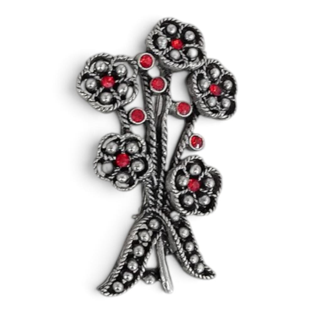 Vintage Silver Tone Floral Bouquet Brooch Textured Flowers Red Rhinestone